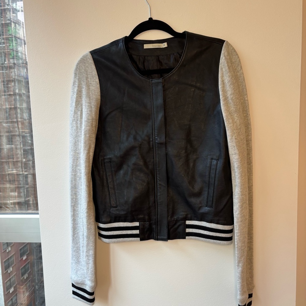 TOWNSEN Black and Gray Varsity Leather Jacket with Fabric Sleeves